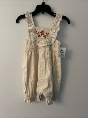 Little Earth Cream Romper with Orange Floral Embroidery